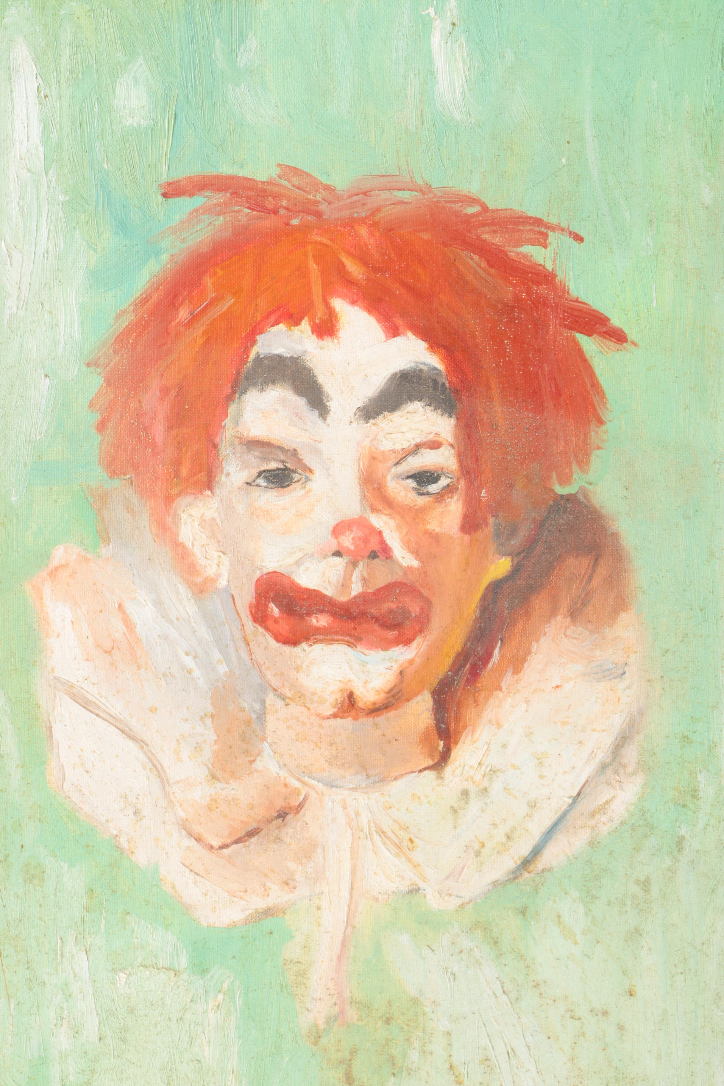 Signed Oil on Board Portrait of a Clown