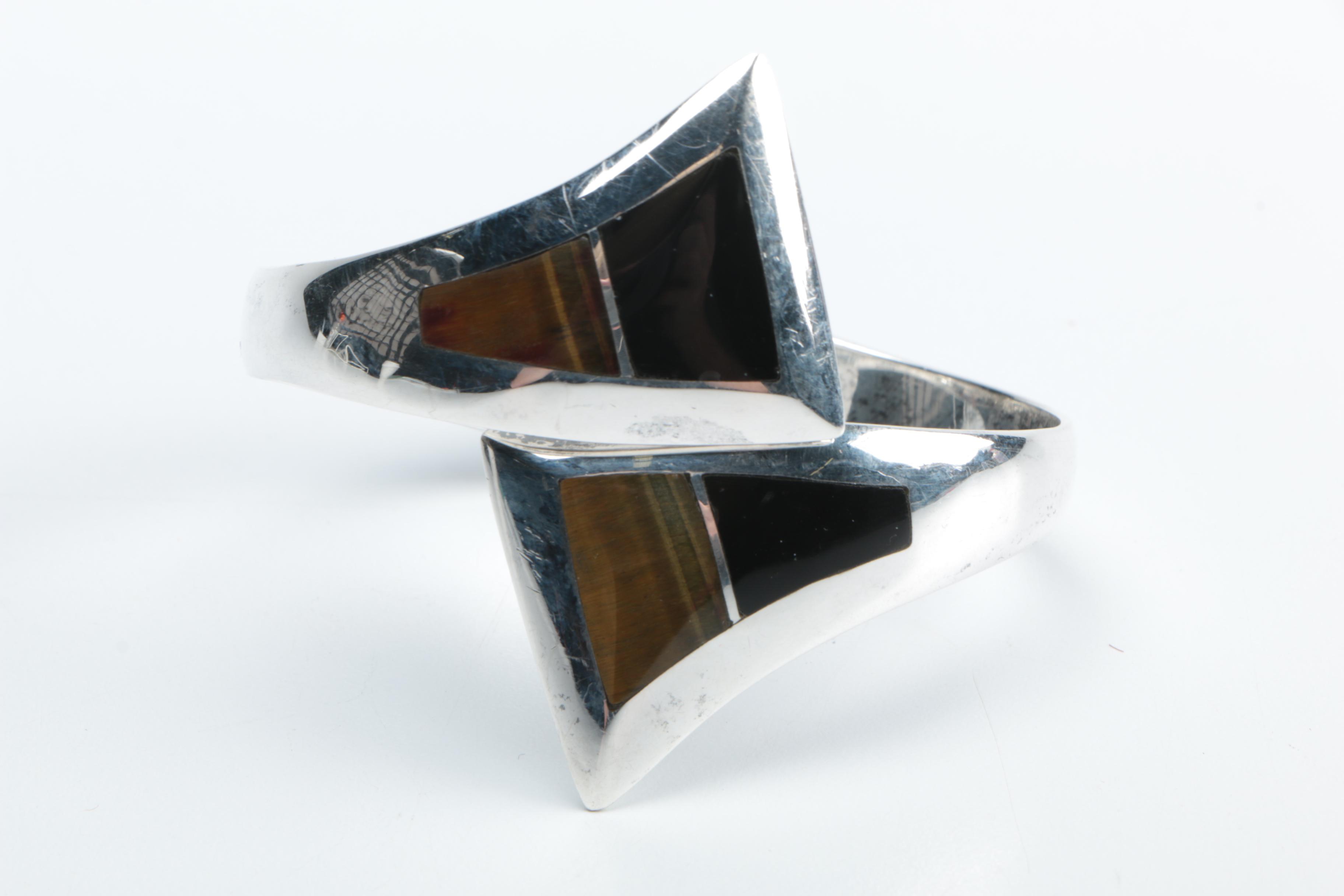 Mexican Sterling Bracelet with Tiger's Eye and Onyx Inlays