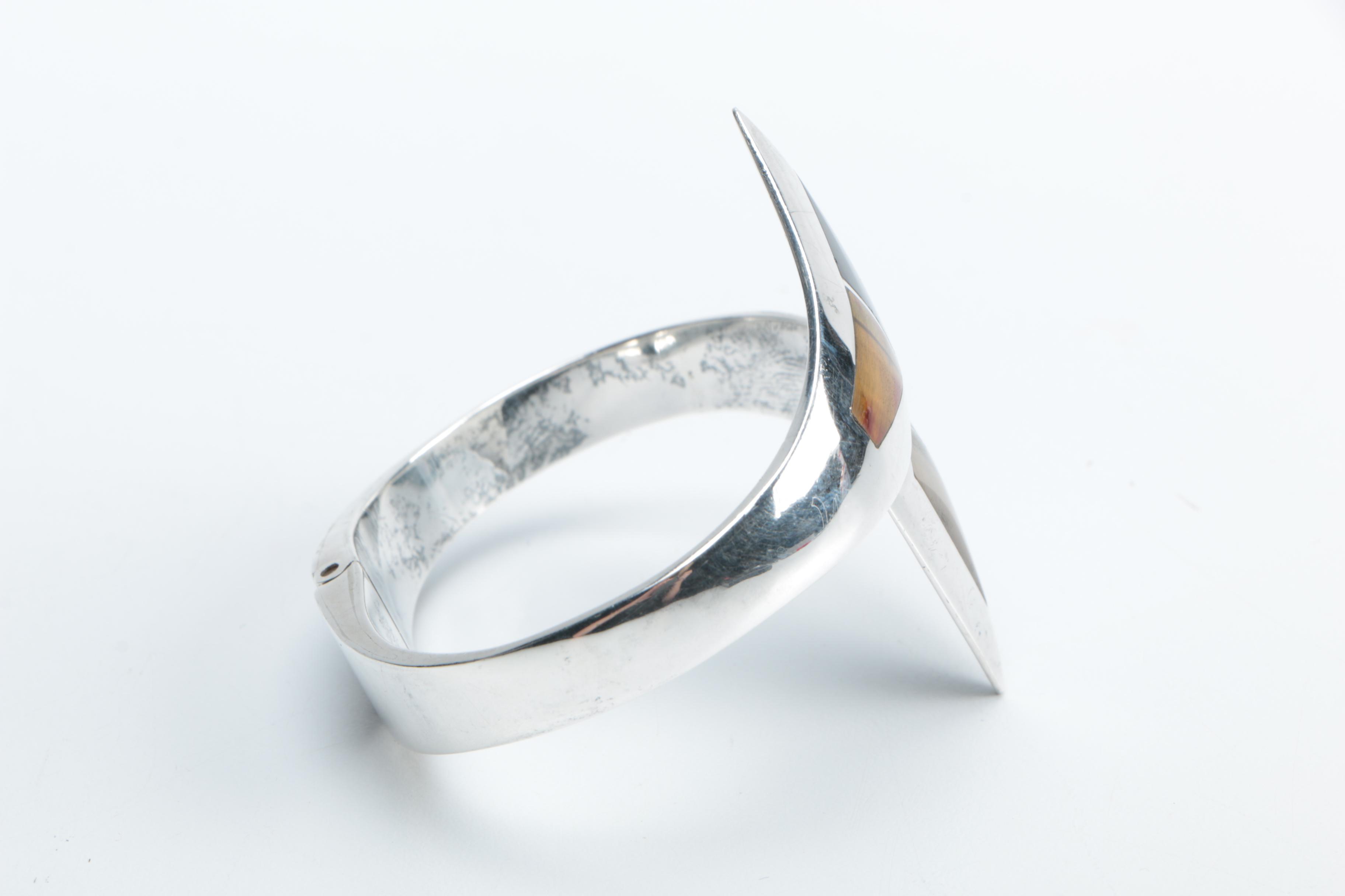 Mexican Sterling Bracelet with Tiger's Eye and Onyx Inlays