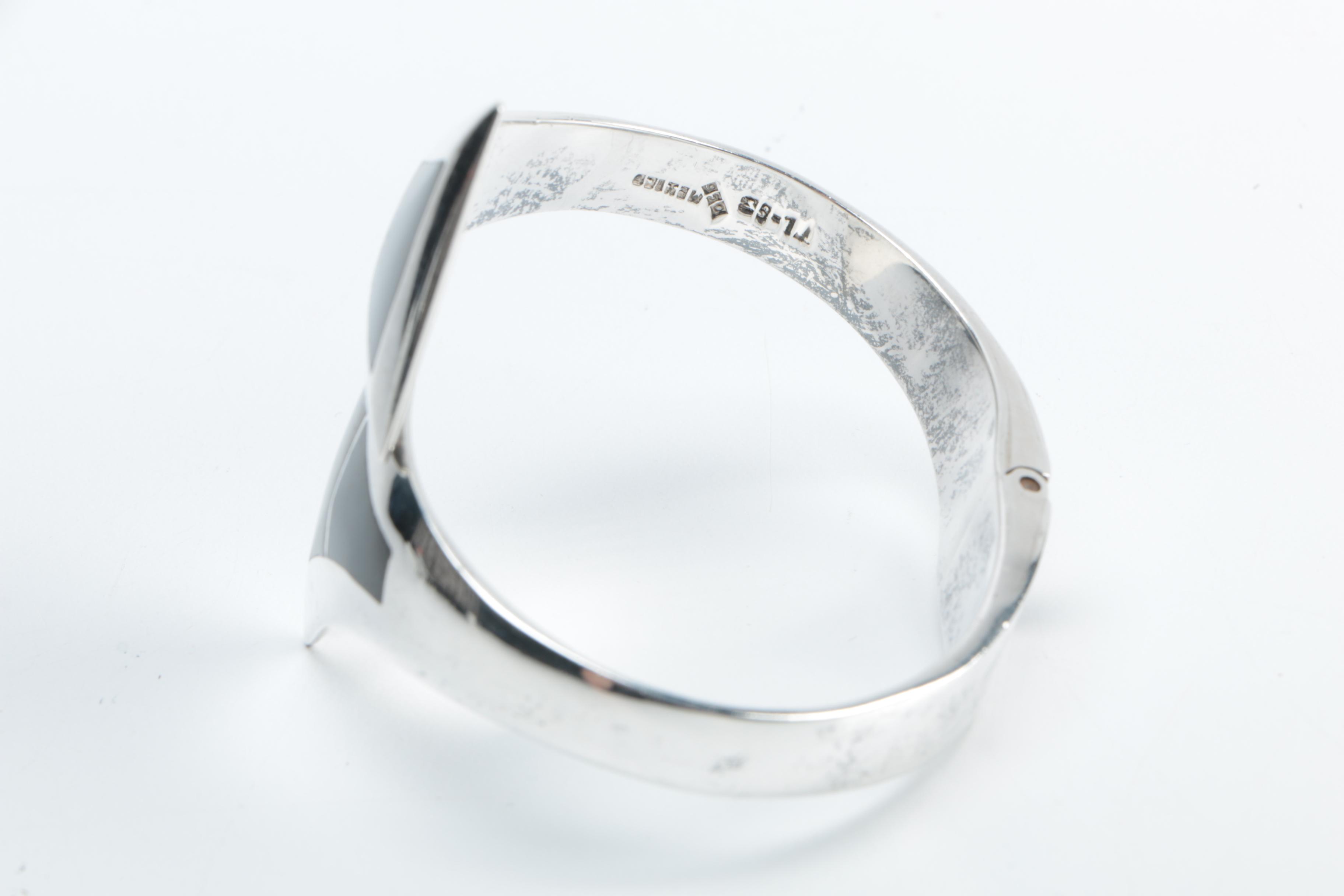 Mexican Sterling Bracelet with Tiger's Eye and Onyx Inlays