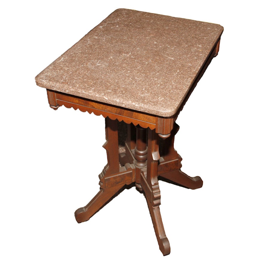 Victorian Style Marble-Top Walnut Side Table