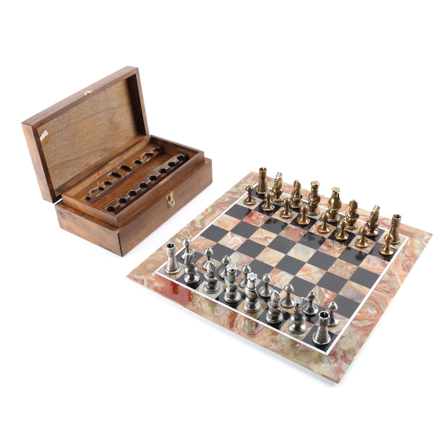 Pewter and Brass Chess Set with Agate Limestone Chess Board