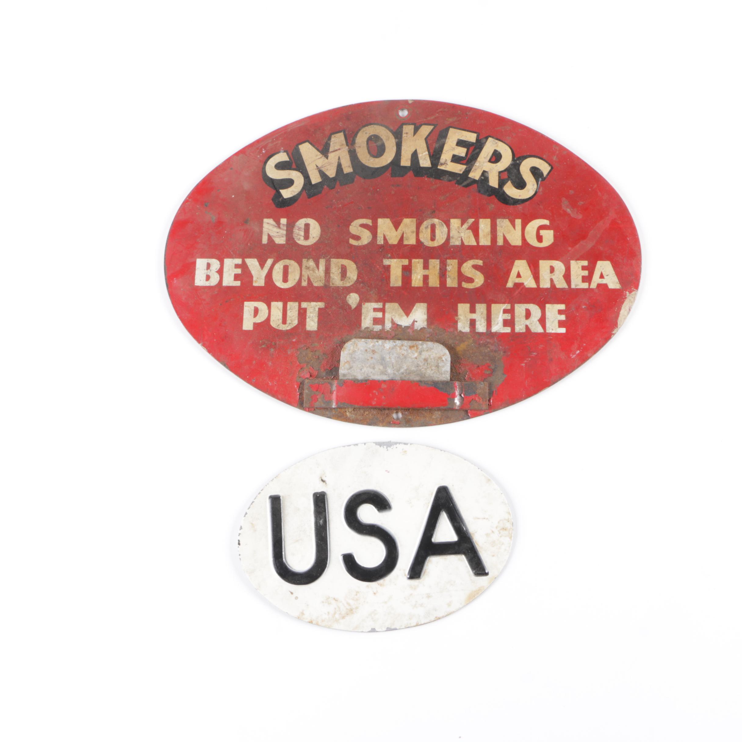 Vintage "Smokers" Sign and "USA" Plaque