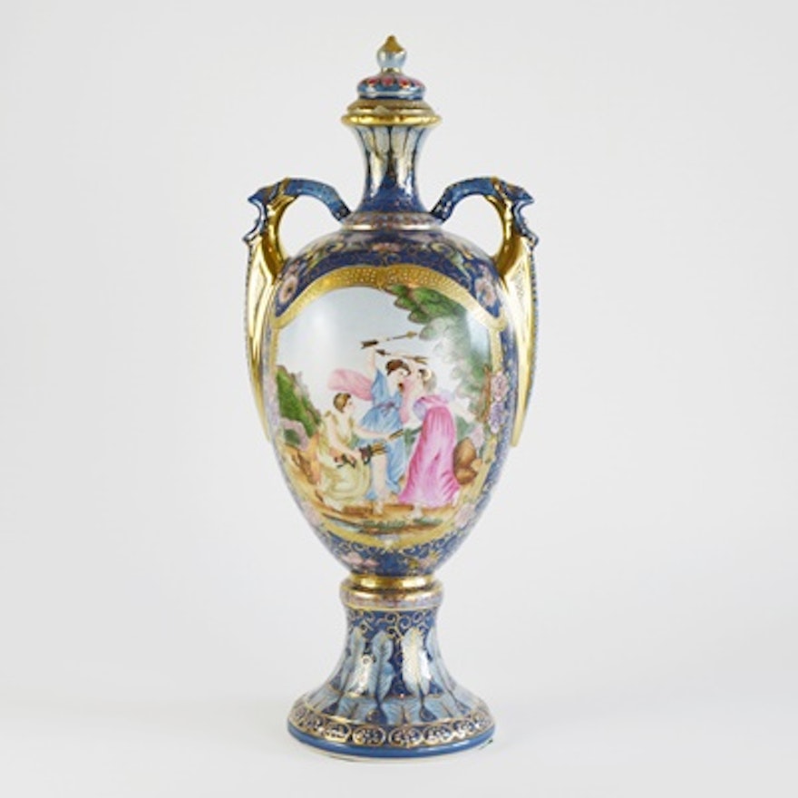 Egyptian Revival Style Painted Porcelain Urn