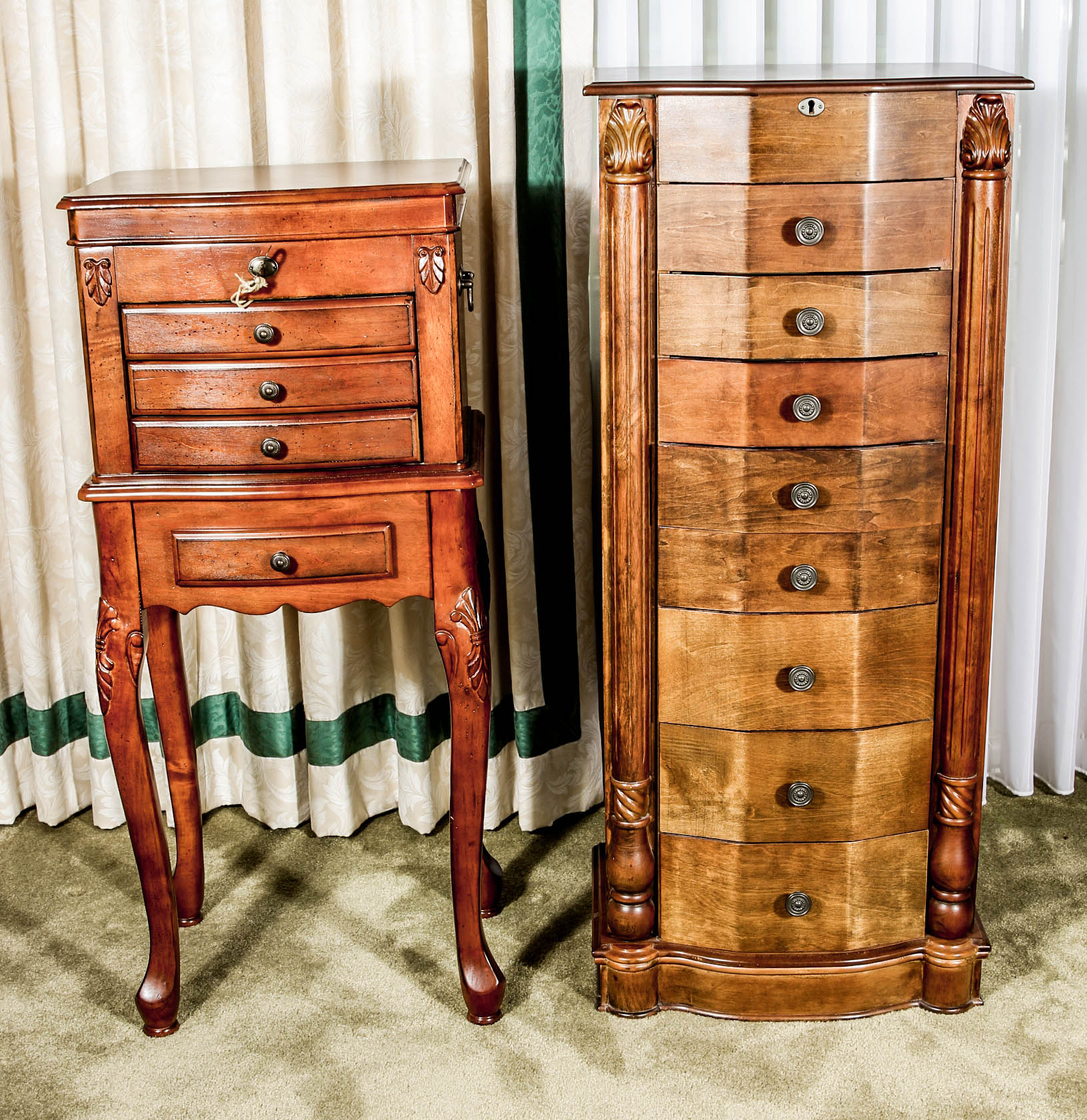 Wooden Jewelry Armoire and Chest on Table