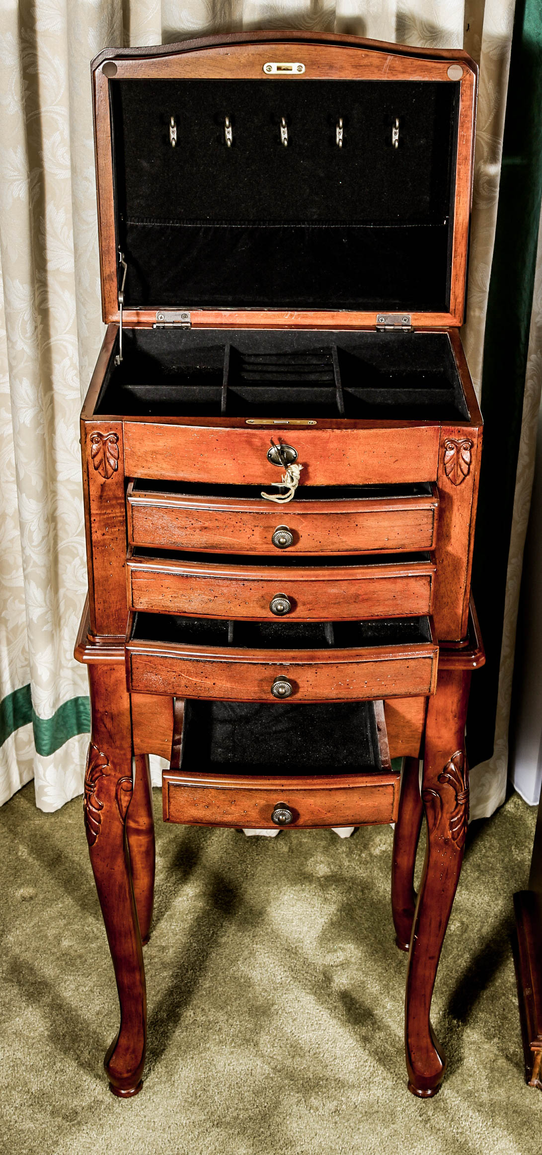 Wooden Jewelry Armoire and Chest on Table