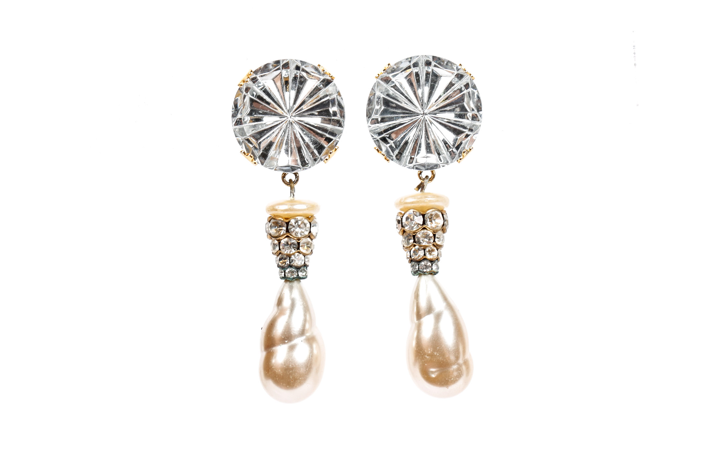 Faceted Rhinestone and Large Gripoix Faux Pearl Earrings