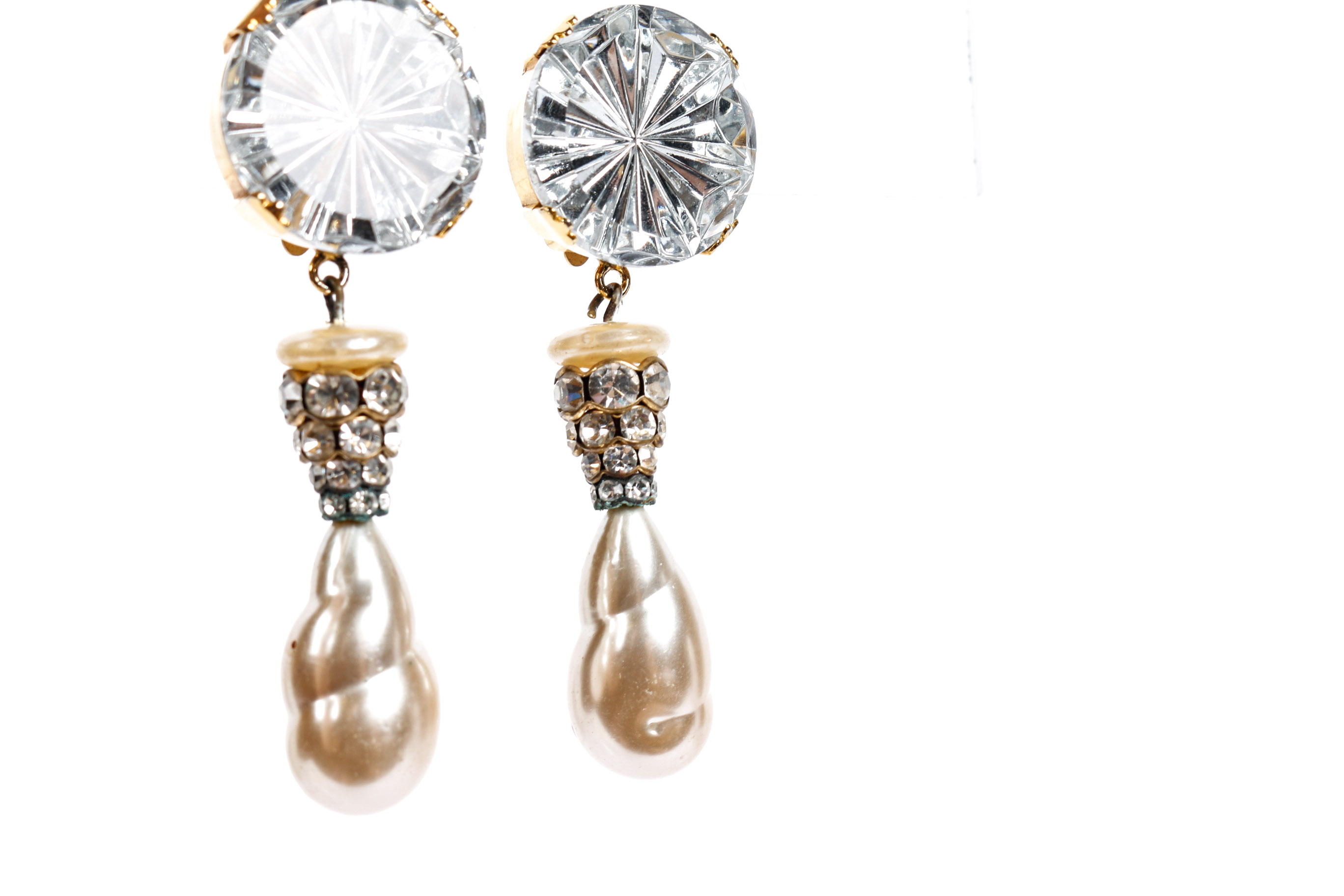 Faceted Rhinestone and Large Gripoix Faux Pearl Earrings