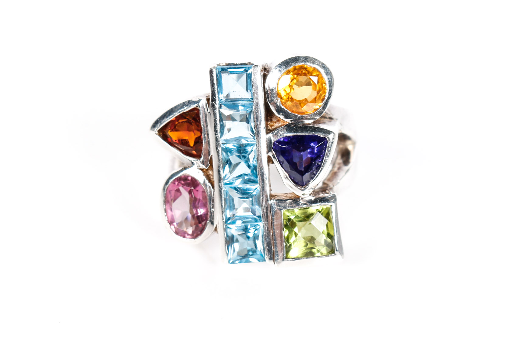 Sterling Silver Topaz, Sapphire, Iolite, Garnet, and Peridot Ring