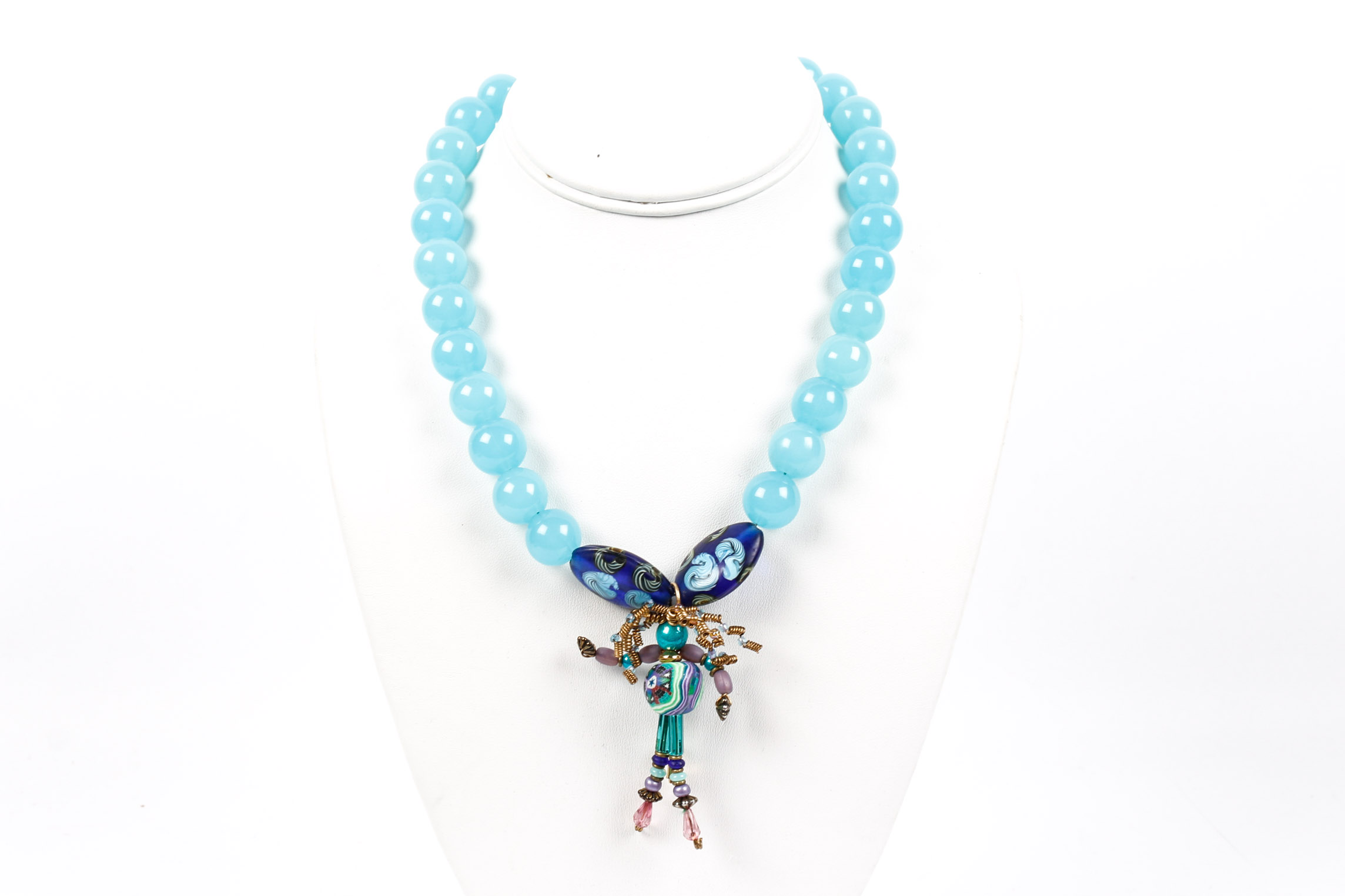 Aque Blue Beaded Necklace With Modern Bead Figurine Pendant