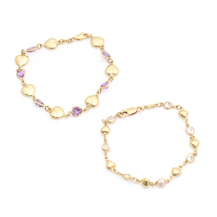 14K Yellow Gold Bracelet Pair Featuring Amethyst and Cubic Zirconia