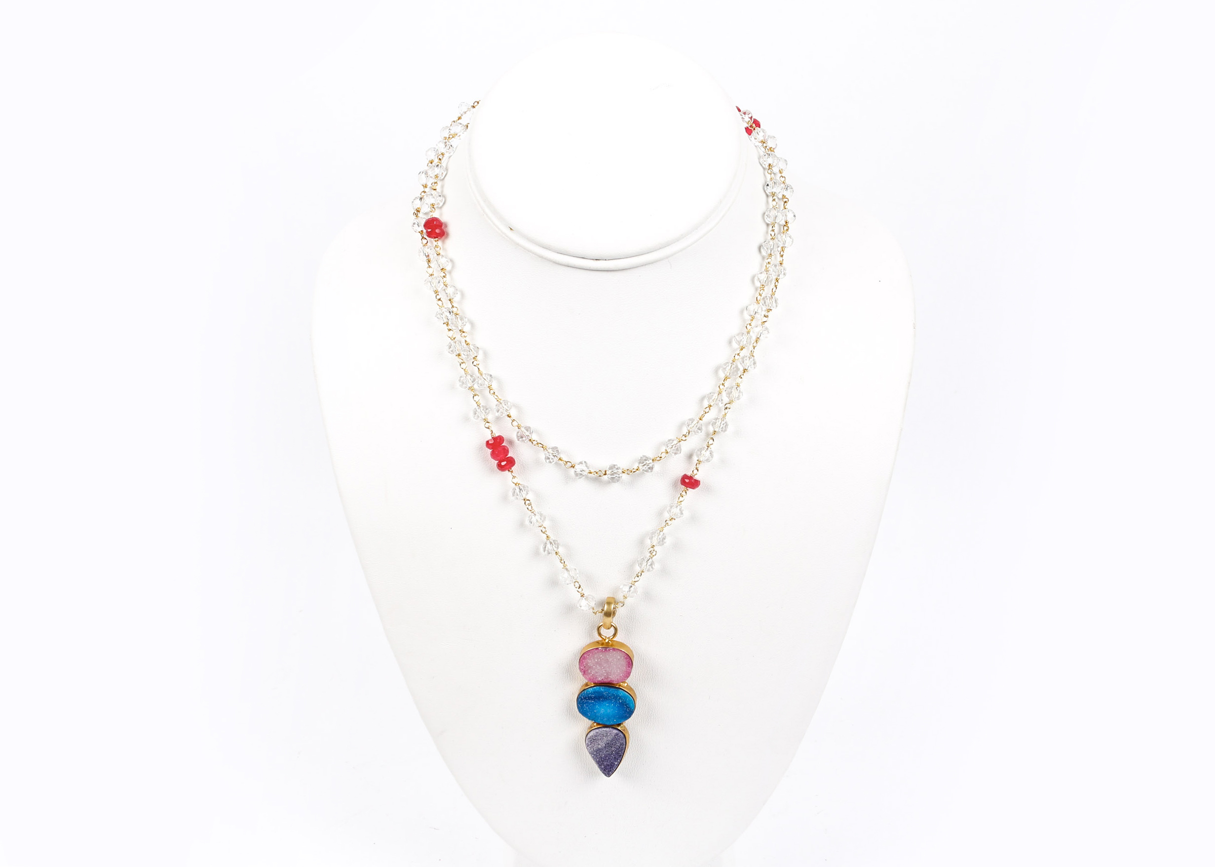 Faceted Strand of Crystal Beads with Druzy Pendant