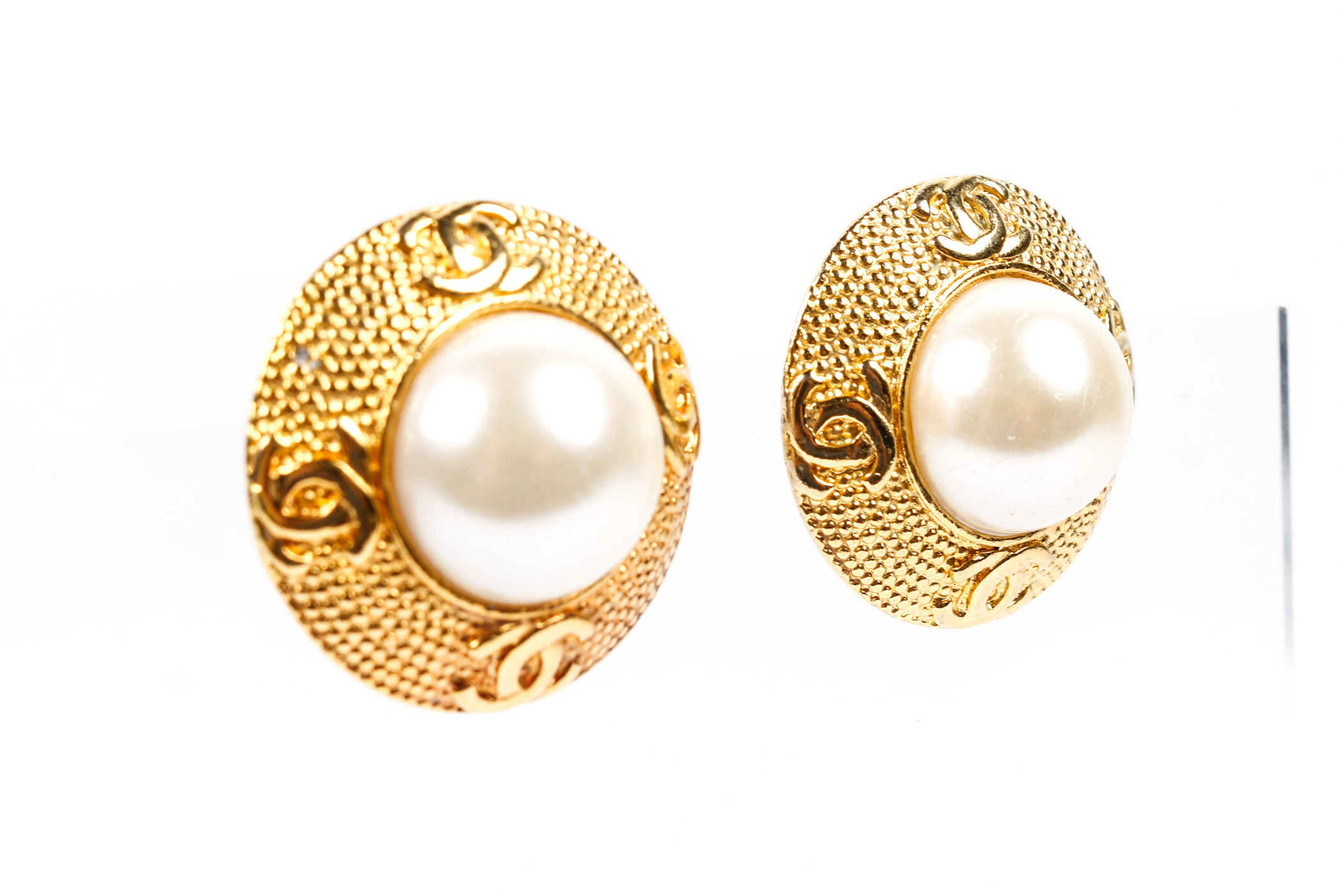 Vintage 1980s Chanel Faux Pearl and Gold Toned Earrings