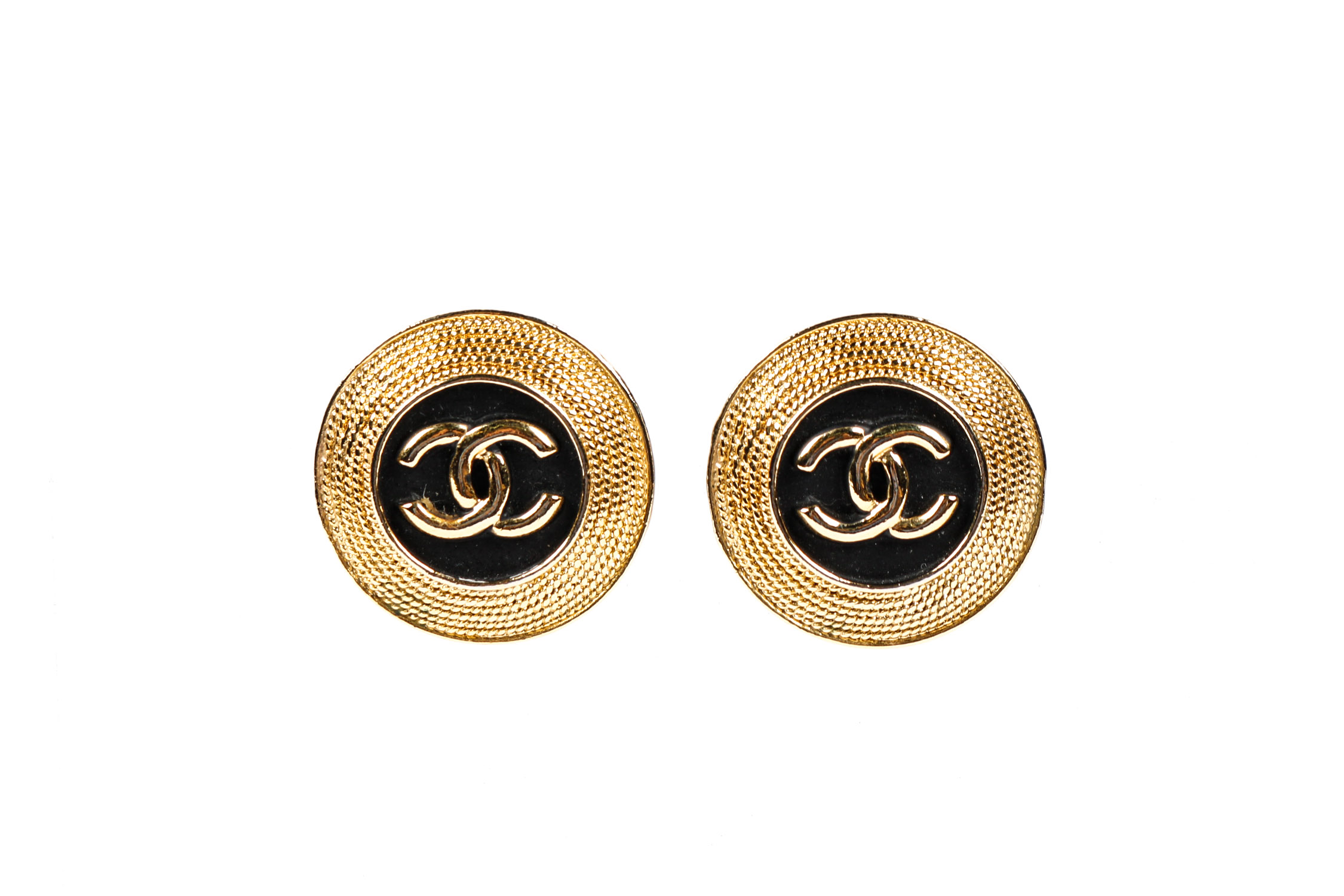 Chanel 1980's Vintage Gold Toned and Black Enamel Earrings