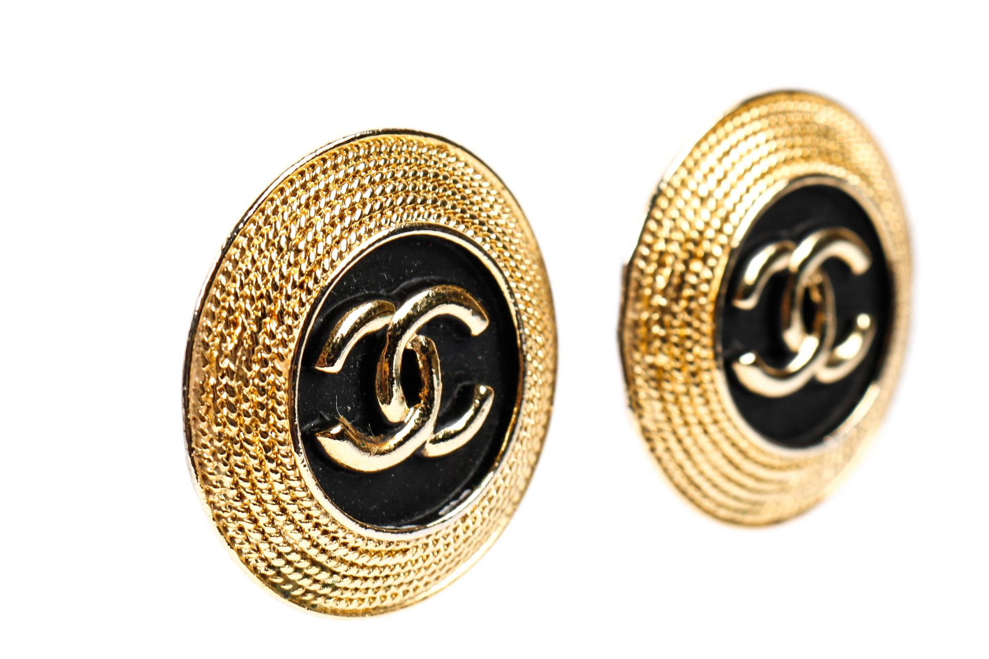 Chanel 1980's Vintage Gold Toned and Black Enamel Earrings