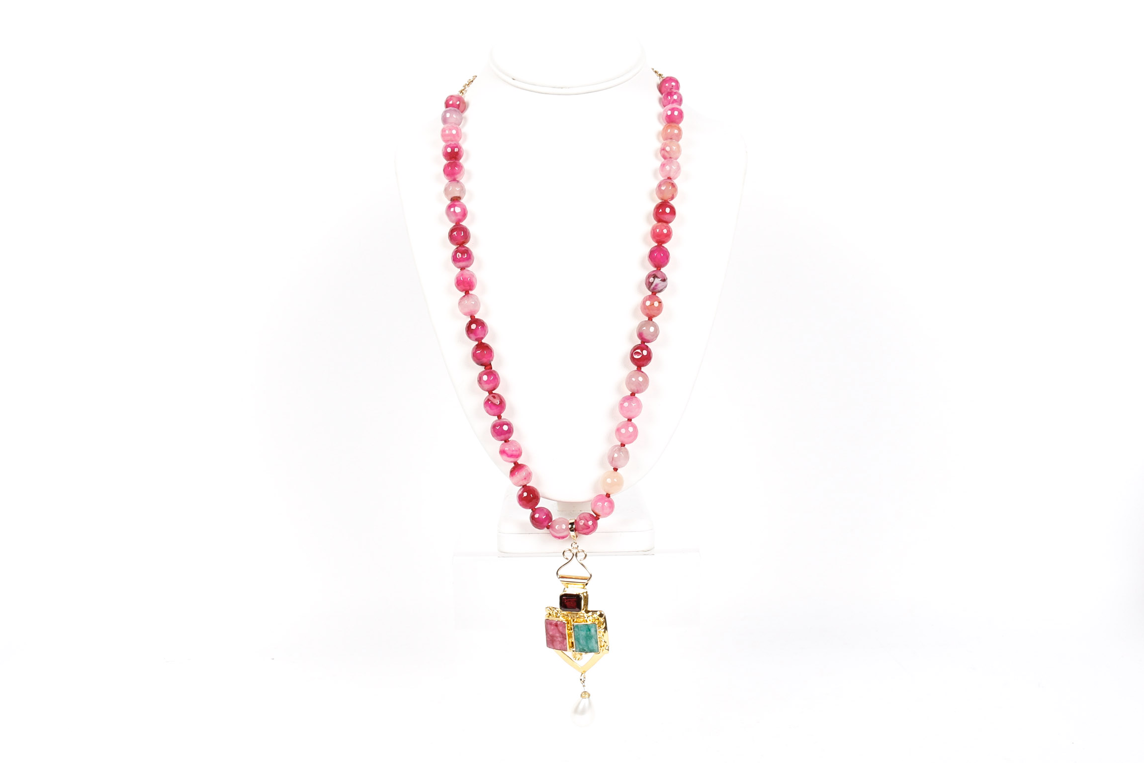 Garnet, Quartzite Quartz, And Faux Pearl Necklace.