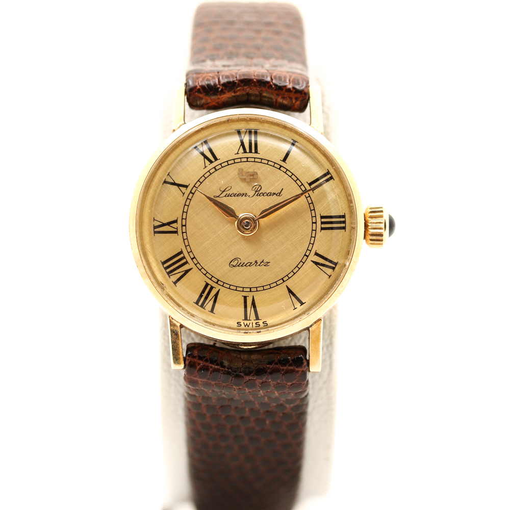 Lucien Piccard 14K Yellow Gold and Leather Strap Watch