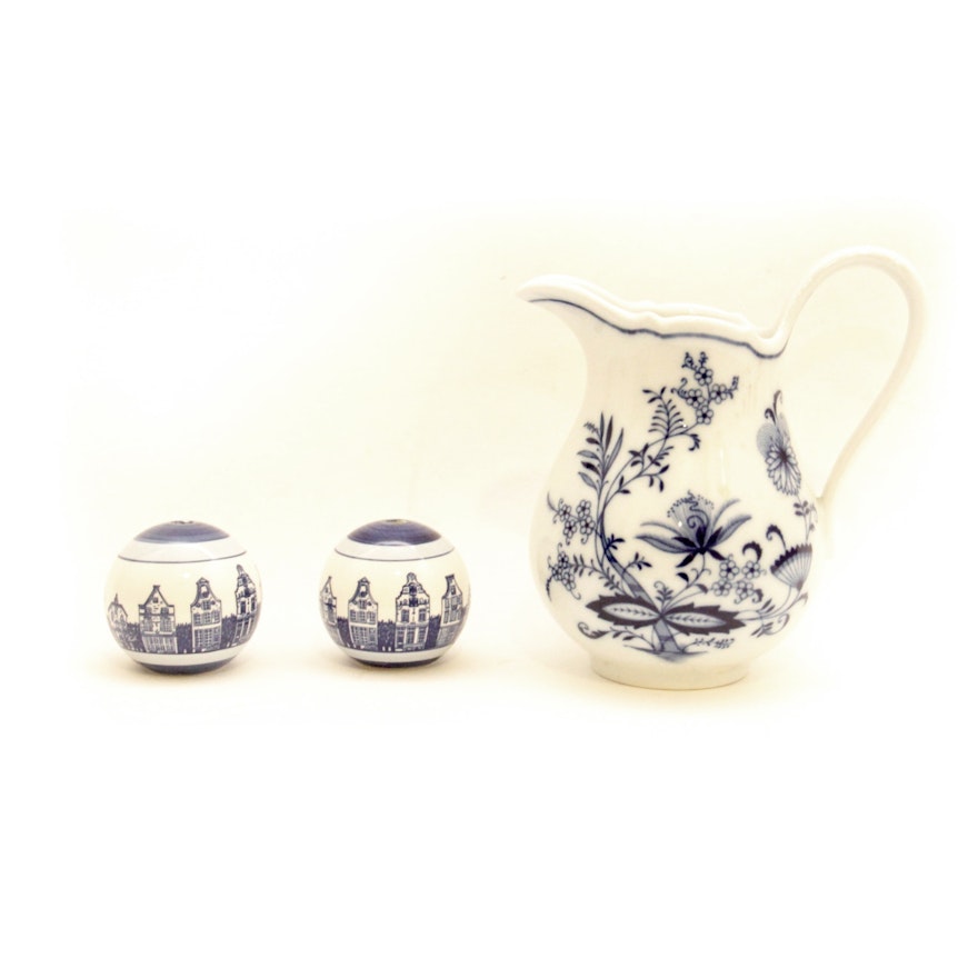 Delftware Salt and Pepper Shaker and Bavarian Porcelain Pitcher