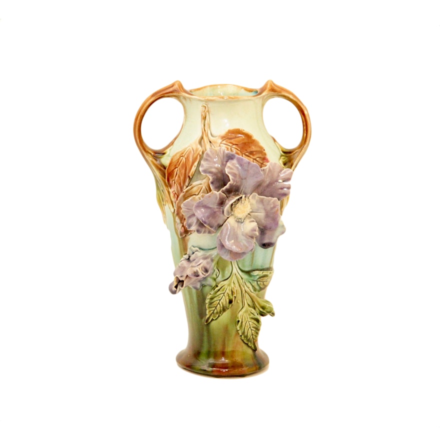 French Majolica Hand Painted Porcelain Vase with Applied Flowers