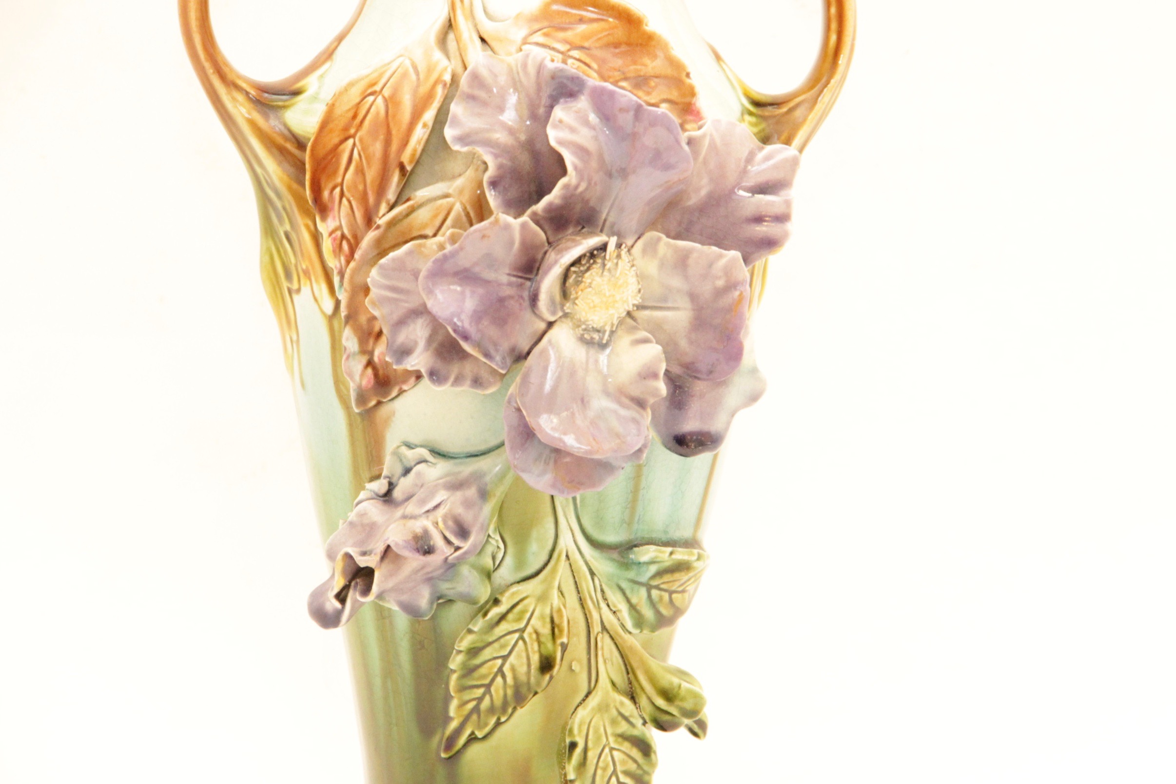 French Majolica Hand Painted Porcelain Vase with Applied Flowers