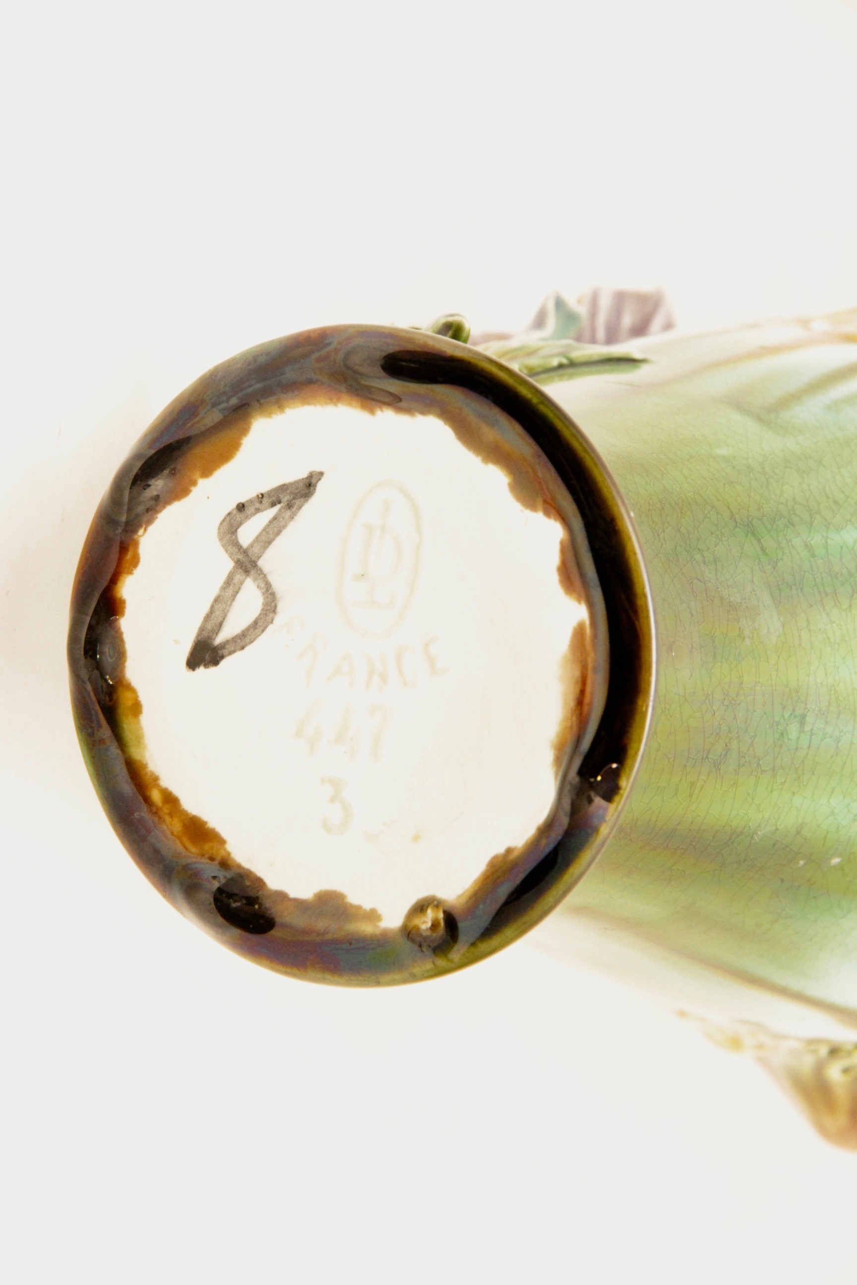 French Majolica Hand Painted Porcelain Vase with Applied Flowers