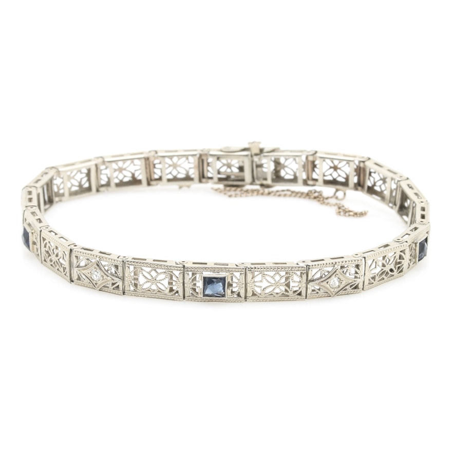 14K White Gold Diamond and Blue Glass Bracelet