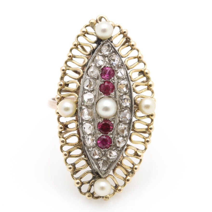 14K Yellow Rose Gold and Platinum Ruby, Pearl and Diamond Statement Ring