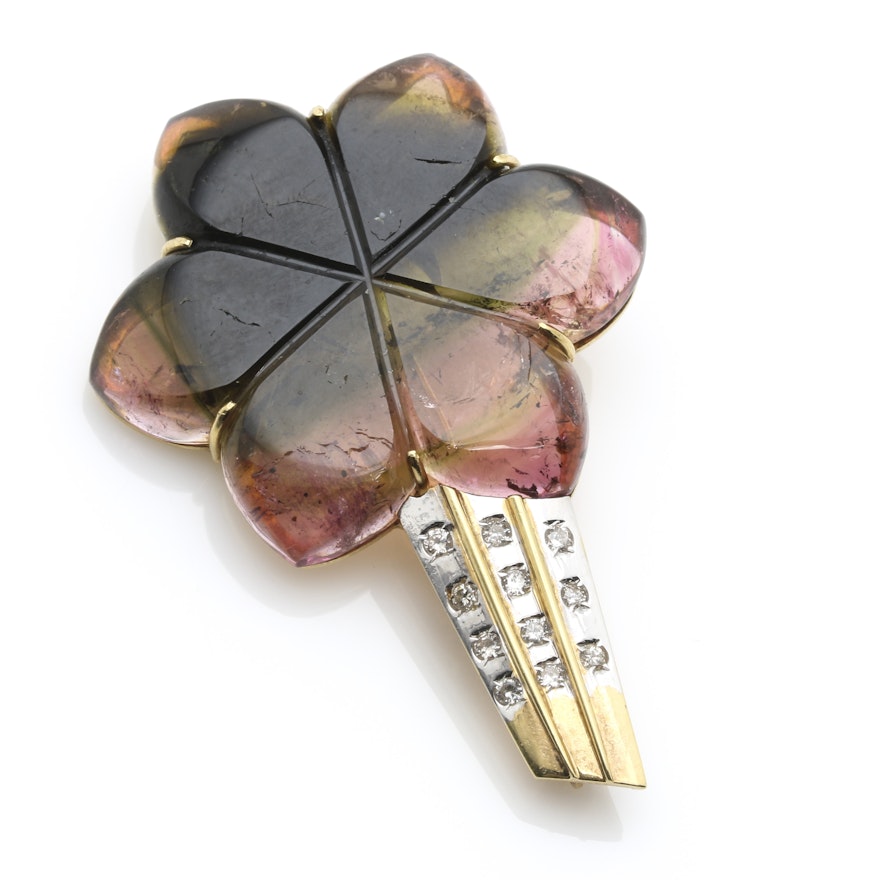 14K Yellow Gold Bi-Colored Tourmaline and Diamond Floral Brooch
