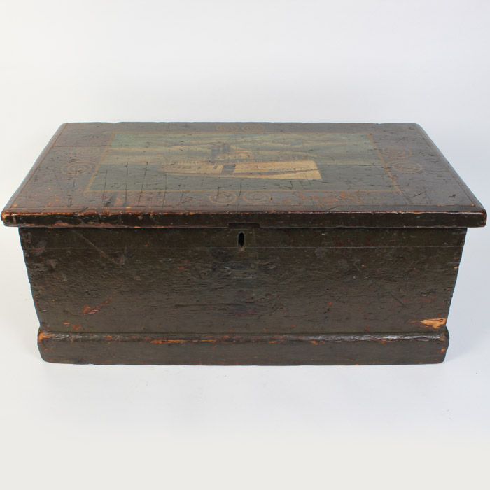 Antique Wooden Trunk with Hand Painted Ship on Lid