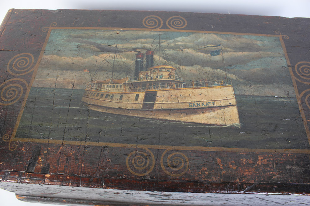 Antique Wooden Trunk with Hand Painted Ship on Lid