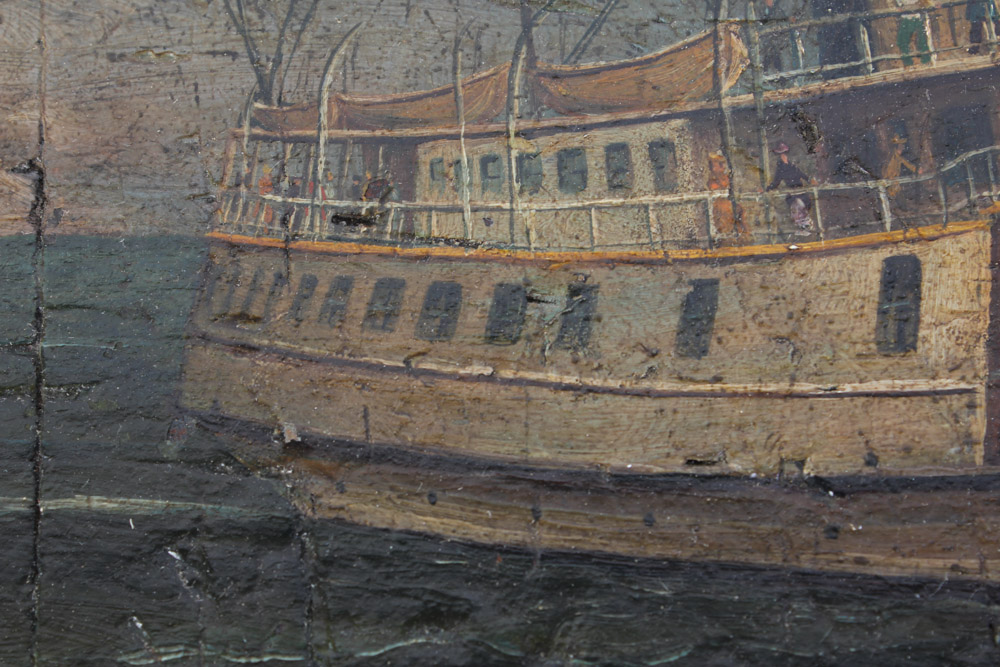 Antique Wooden Trunk with Hand Painted Ship on Lid