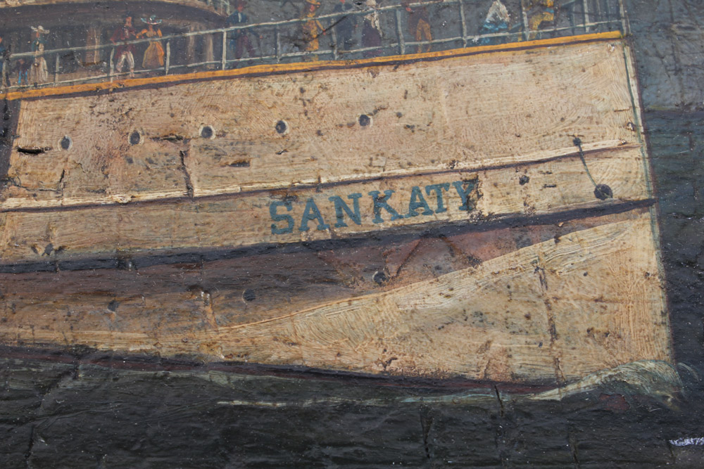 Antique Wooden Trunk with Hand Painted Ship on Lid