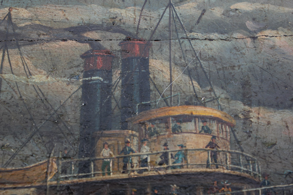 Antique Wooden Trunk with Hand Painted Ship on Lid