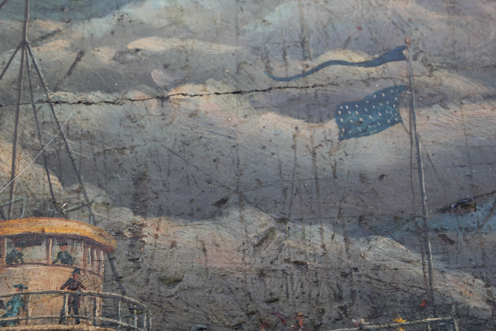 Antique Wooden Trunk with Hand Painted Ship on Lid