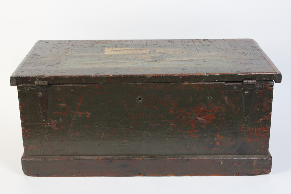 Antique Wooden Trunk with Hand Painted Ship on Lid