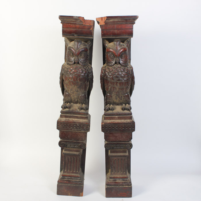 Pair of Hand Carved Owl Architectural Elements