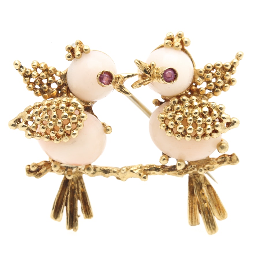 18K Yellow Gold Coral and Ruby Lovebirds Brooch