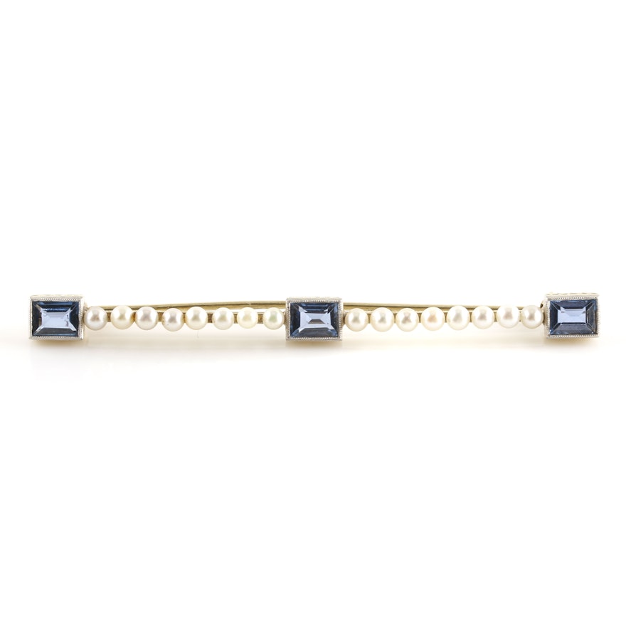 14K Yellow Gold 1.86 CTW Sapphire and Cultured Pearl Bar Brooch