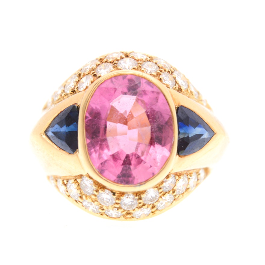 18K Yellow Gold Natural 3.70 CTS Pink Tourmaline Sapphire 1.00 CTW Diamond Ring