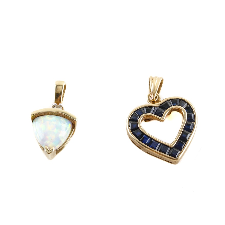 10K Yellow Gold Sapphire Heart and Opal and Diamond Pendants