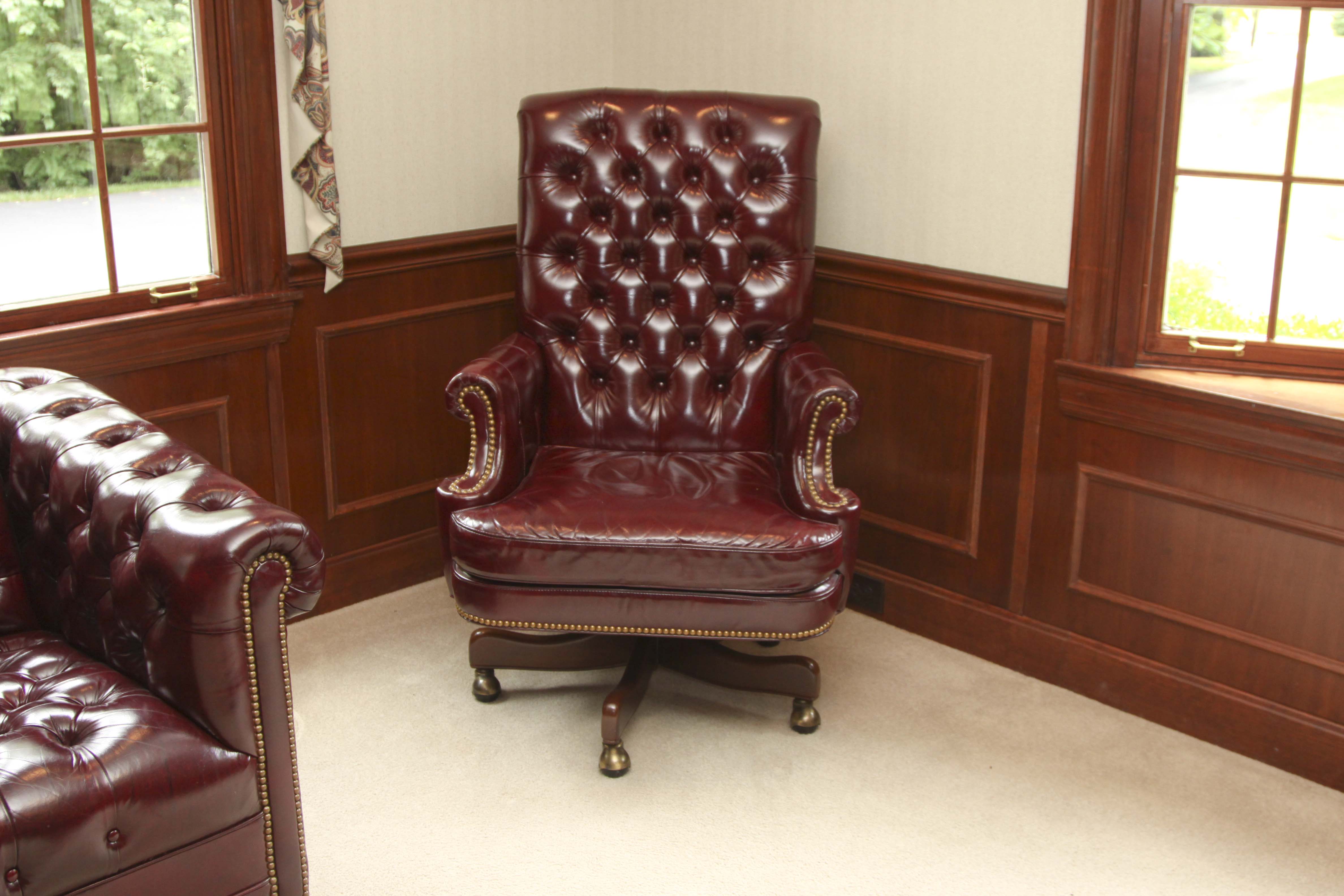 Burgundy Tufted Leather Swivel Office Chair by Hancock & Moore