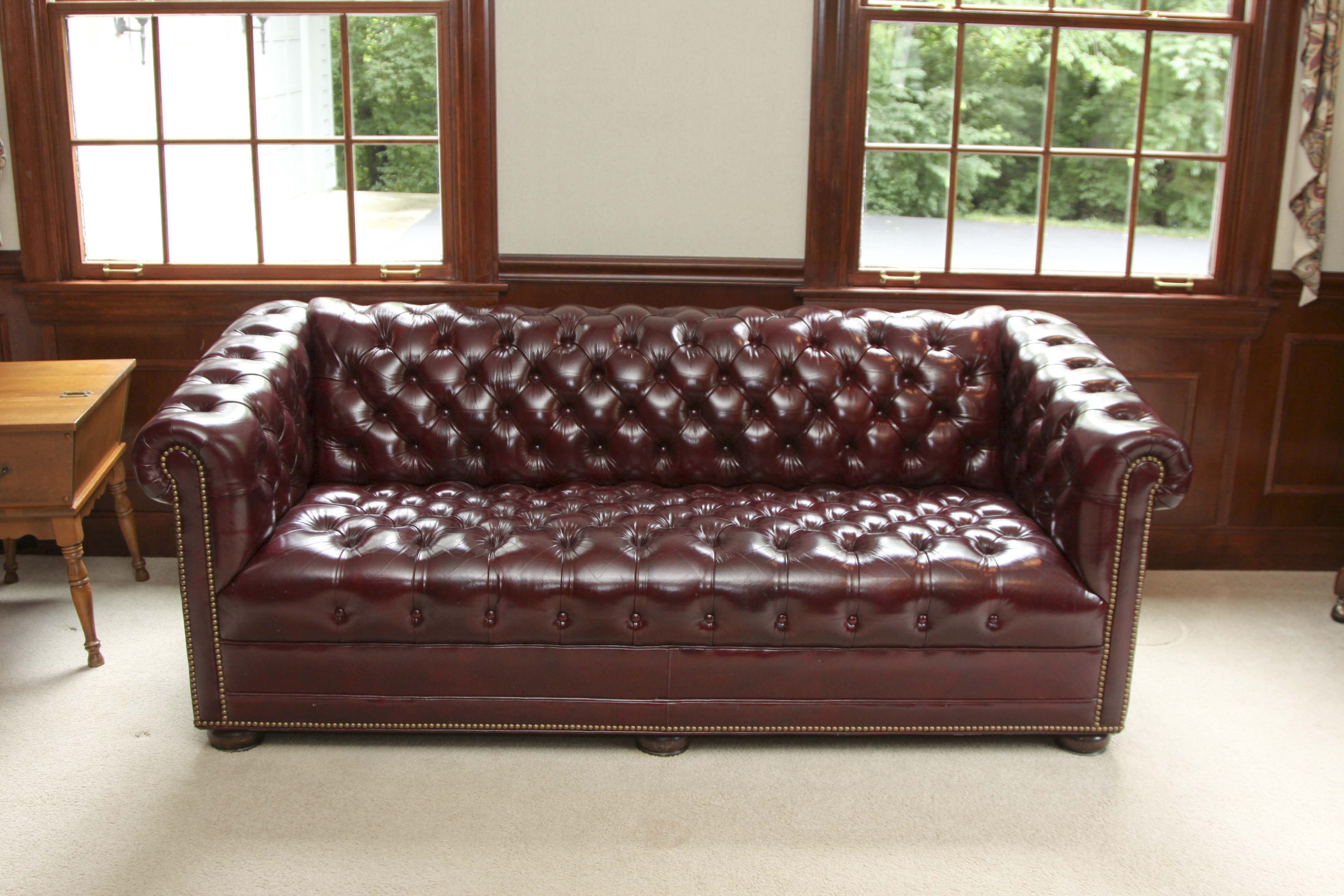 Burgundy Leather "Chesterfield" Style Sofa by Hancock & Moore