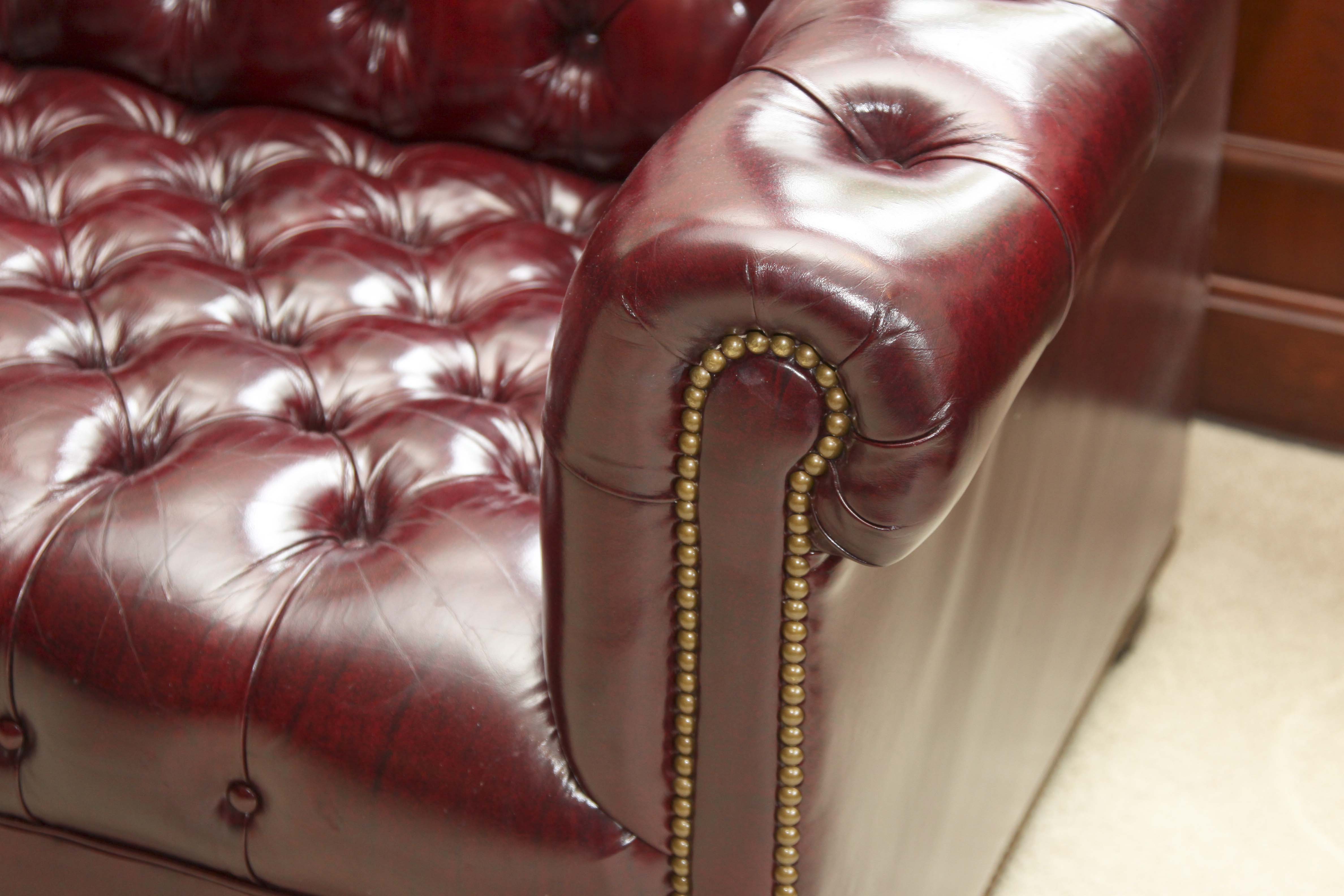 Burgundy Leather "Chesterfield" Style Sofa by Hancock & Moore