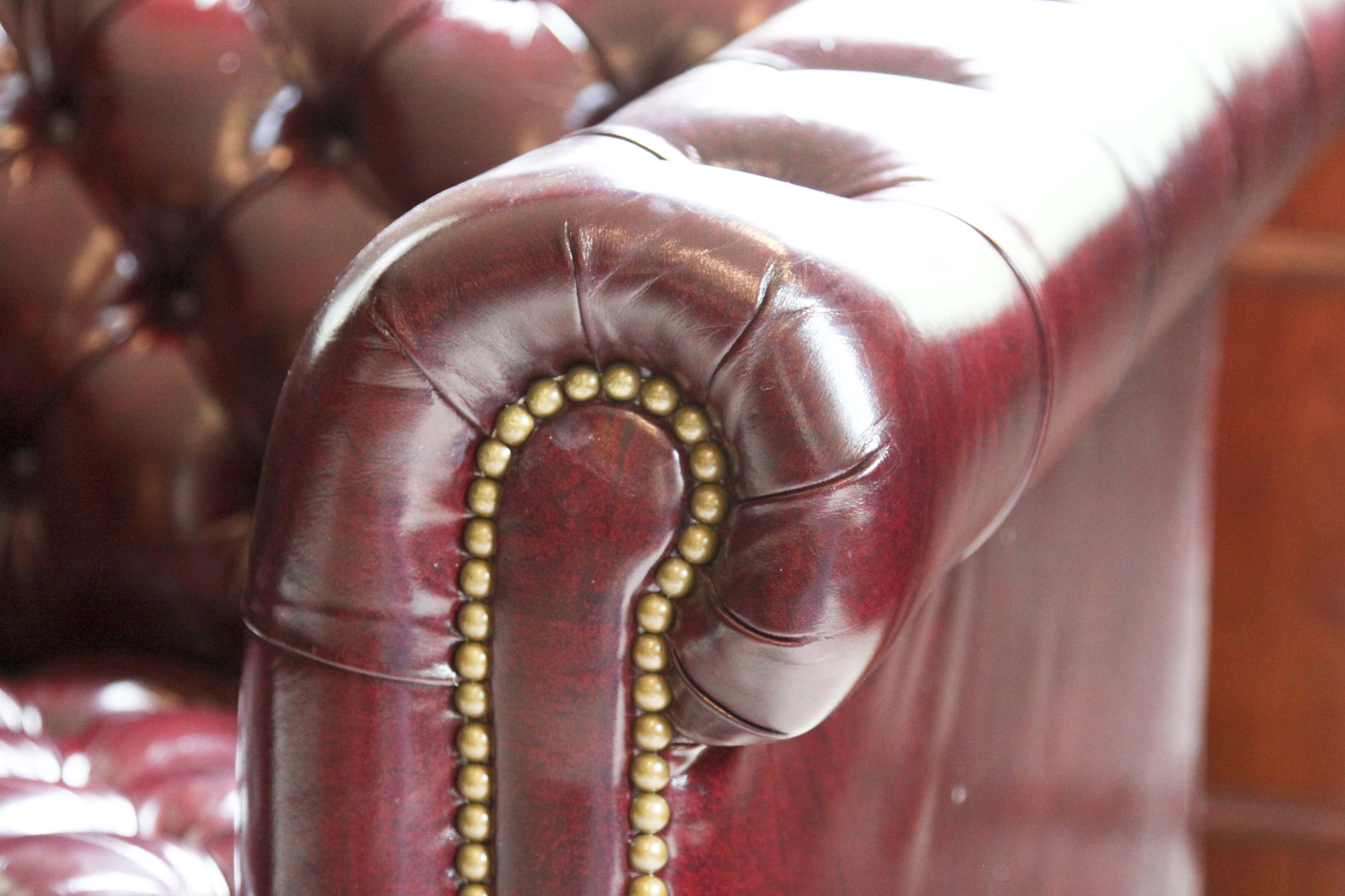 Burgundy Leather "Chesterfield" Style Sofa by Hancock & Moore