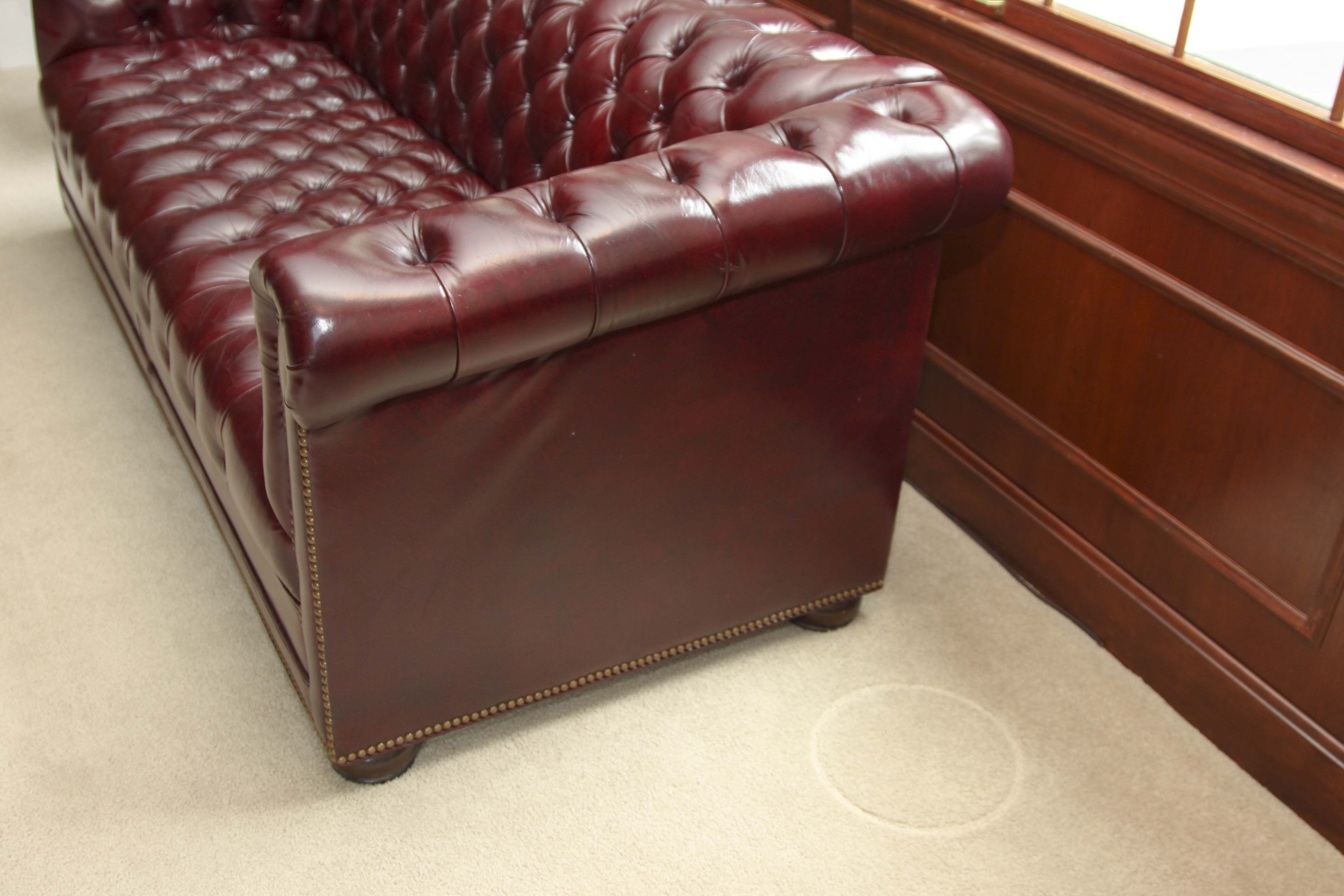 Burgundy Leather "Chesterfield" Style Sofa by Hancock & Moore