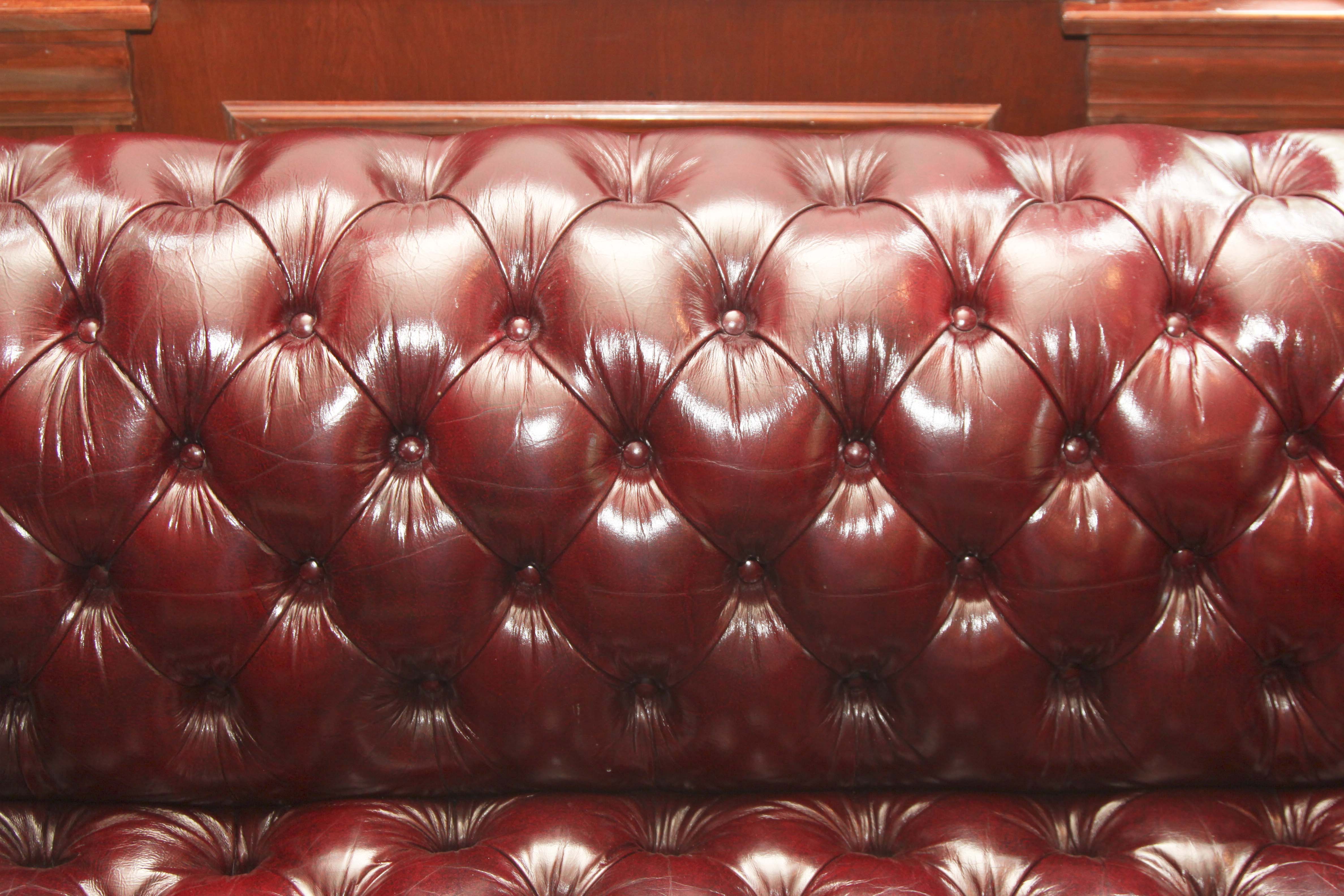 Burgundy Leather "Chesterfield" Style Sofa by Hancock & Moore