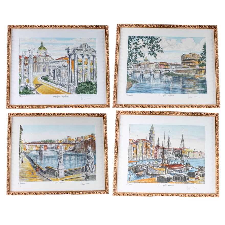Four Signed Hand-Painted Etchings of European Cityscapes