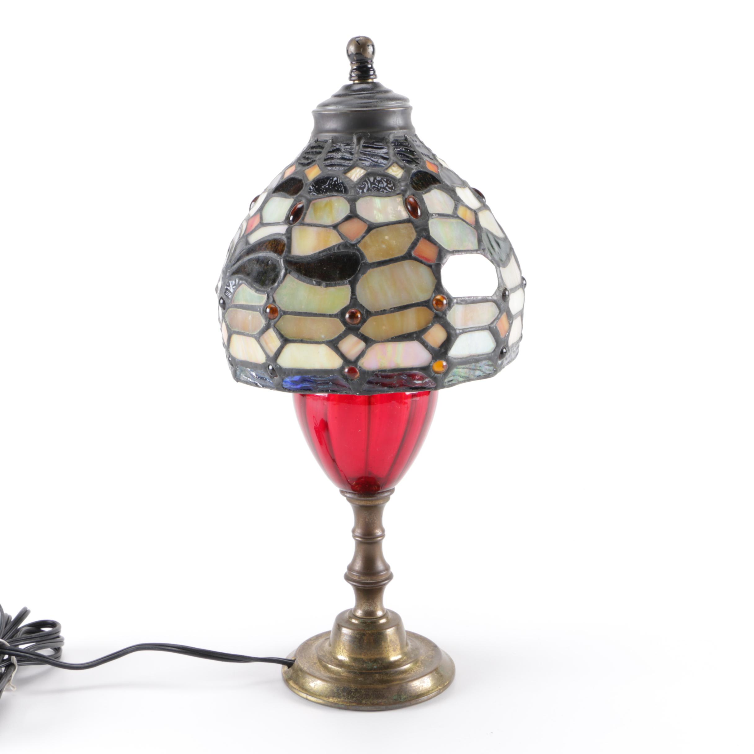 Brass and Red Glass Table Lamp