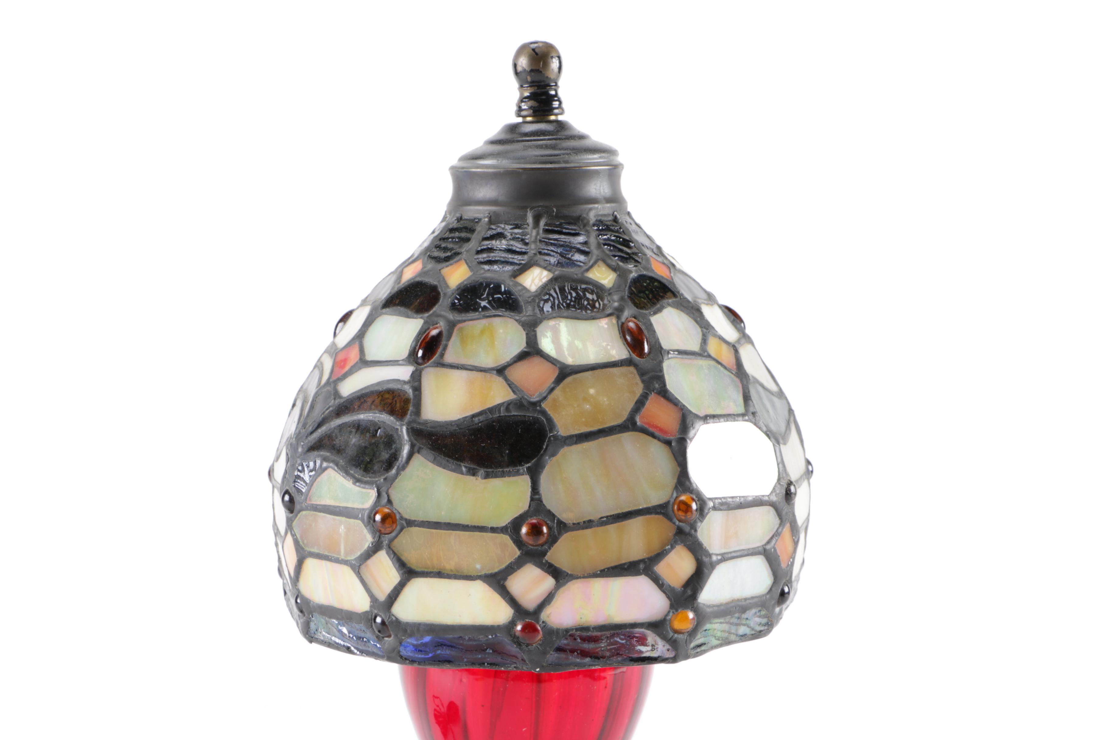 Brass and Red Glass Table Lamp