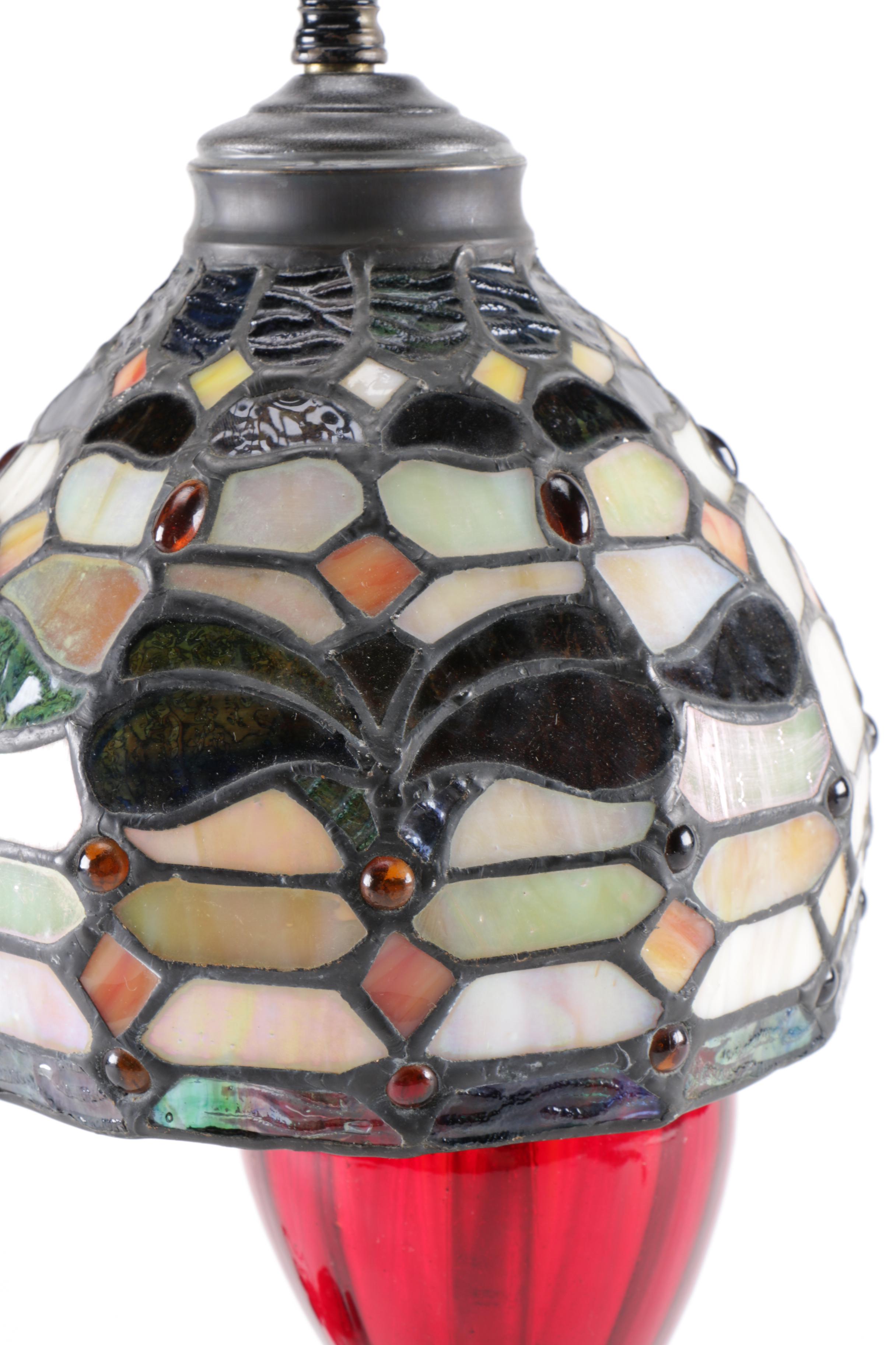 Brass and Red Glass Table Lamp